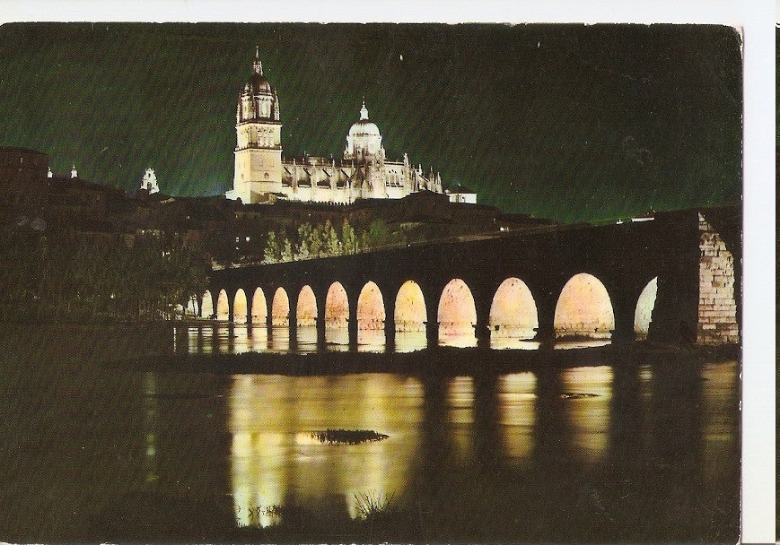 Postal 044381 : Salamanca. Catedral y puente romano. Efecto nocturno