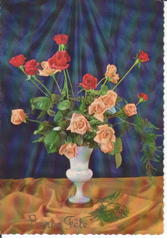 Postal-Postcard 17367: TARJETA NAVIDEÑA - Bodegon con rosas rojas y rosas en jarron