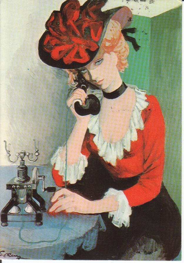 Postal-Postcard 17399: Pintura de Mujer con telefono - Postal enviada y escrita por personal de la compañia Telefonica