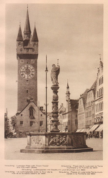 Lamina/Foto KURT HIELSCHE Deuschtland No. 025: STRAUBING. LUDWIGS PLATZ WITH TOWER AND FOUNTAIN