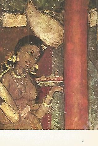 LAMINA 1513:  Escena de la Mahajanaka jakata. Cueva I. Siglos VI-VII. Muchacha que lleva articulos de tocador
