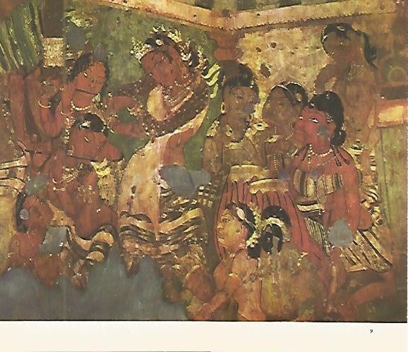 LAMINA 1516:  Escena de la Mahajanaka jakata. Cueva I. Siglos VI-VII. Una bailarina y musicos