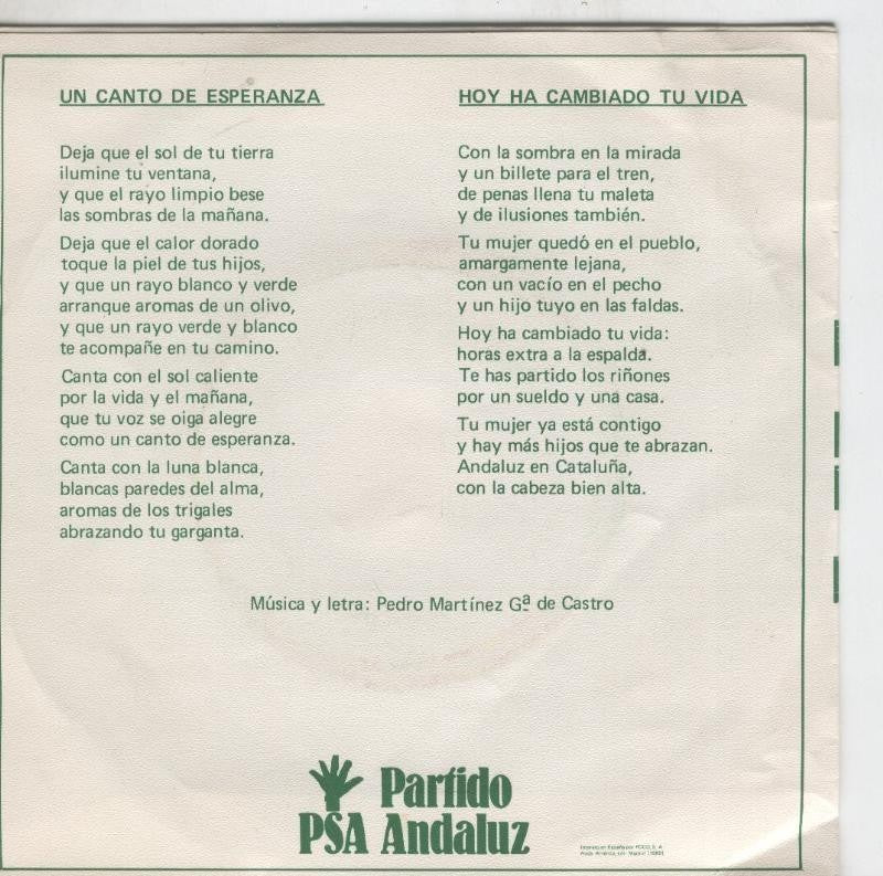 Disco de 45 r.p.m: PSA Andaluz: Un canto de esperanza y Hoy ha cambiado tu vida