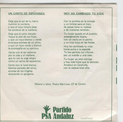 Disco de 45 r.p.m: PSA Andaluz: Un canto de esperanza y Hoy ha cambiado tu vida