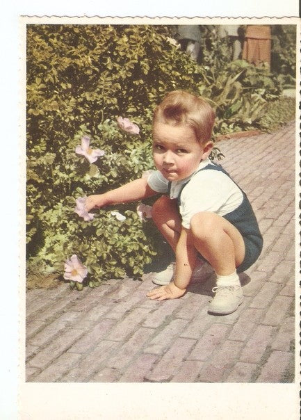 Postal 046950 : Niño agachado cogiendo flor
