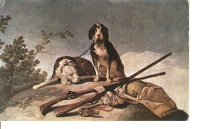 Postal 048058 : Museo del Prado. Perros y utiles de caza (carton para tapiz). Goya