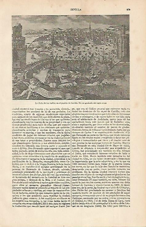 LAMINA ESPASA 564: La flota de las Indias en el puerto de Sevilla. Grabado dels siglo XVIII
