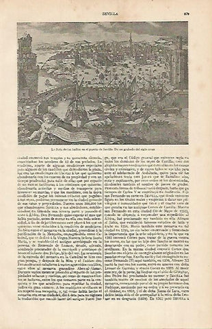 LAMINA ESPASA 564: La flota de las Indias en el puerto de Sevilla. Grabado dels siglo XVIII