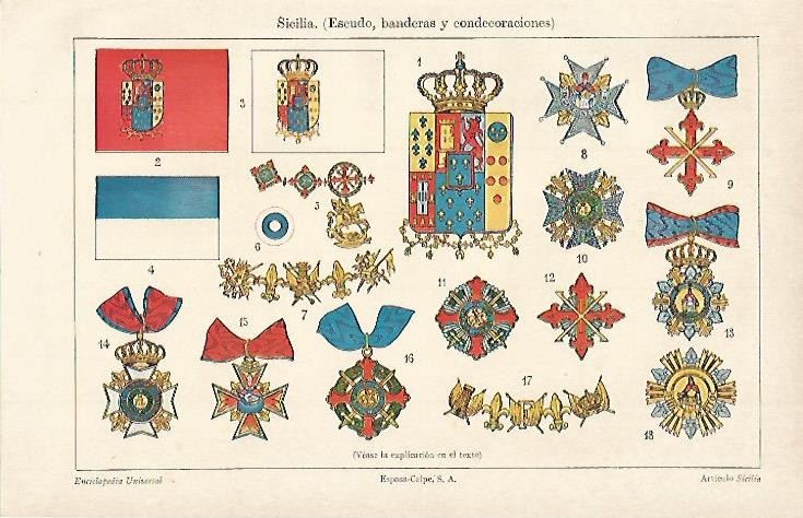 LAMINA ESPASA 757:  Escudo banderas y condecoraciones de Sicilia