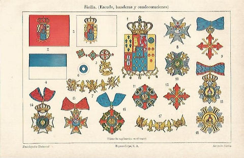 LAMINA ESPASA 757:  Escudo banderas y condecoraciones de Sicilia