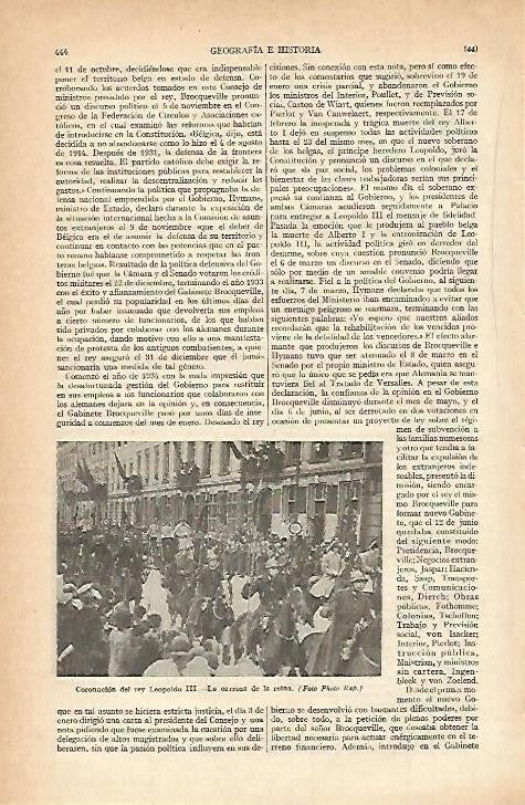LAMINA ESPASA 790: Coronacion del rey Leopoldo III