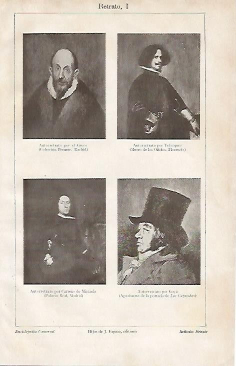 LAMINA ESPASA 1051: Autorretratos de El Greco Velazquez Goya y Carreño de Miranda