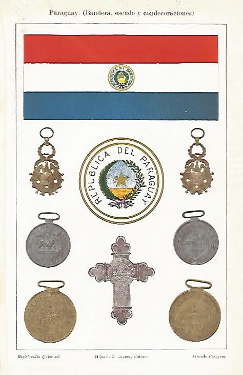 LAMINA ESPASA 1407: Bandera escudo y condecoraciones de Paraguay