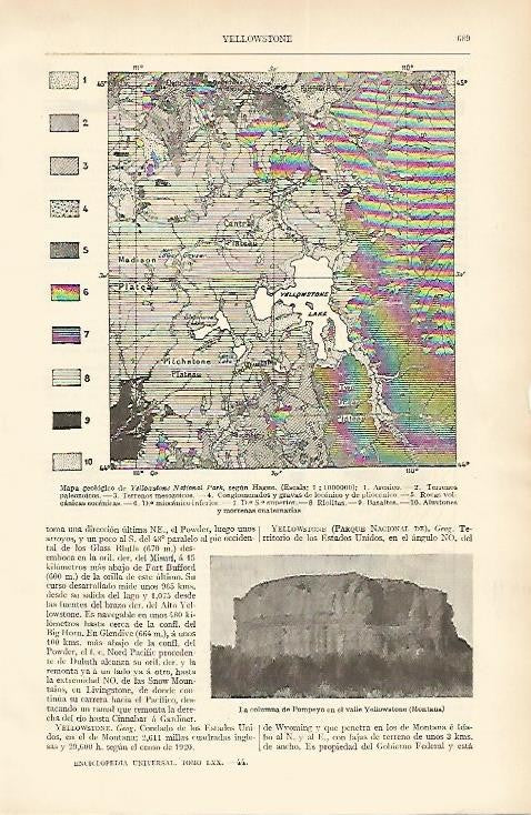 LAMINA ESPASA 1652: Mapa geologico de Yellowstone Estados Unidos
