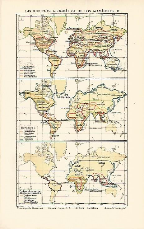 LAMINA ESPASA 1662: Mapas de la distribucion de los mamiferos