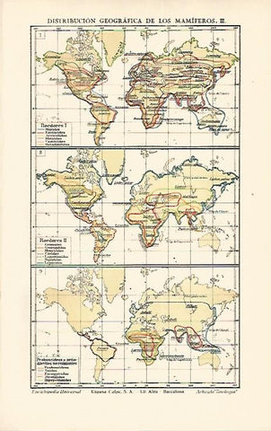 LAMINA ESPASA 1662: Mapas de la distribucion de los mamiferos