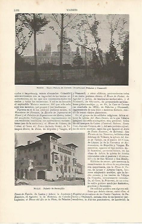 LAMINA ESPASA 1711: palacio de Bermejillo y Nuevo Palacio de Correos de Madrid