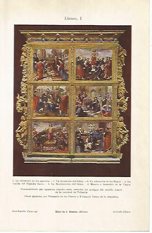 LAMINA ESPASA 1757: Retablo de la Catedral de Valencia obra de Fernando de los Llanos