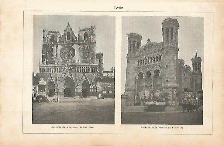 LAMINA ESPASA 1768: Catedral de Lyon y Basilica de Fourviere