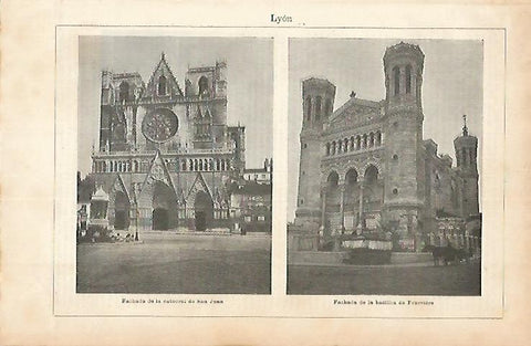 LAMINA ESPASA 1768: Catedral de Lyon y Basilica de Fourviere