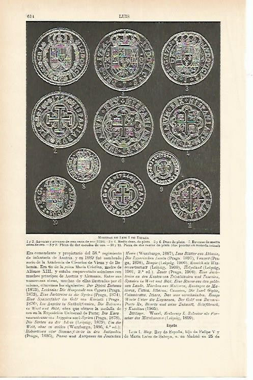 LAMINA ESPASA 1801: Monedas de Luis I de España