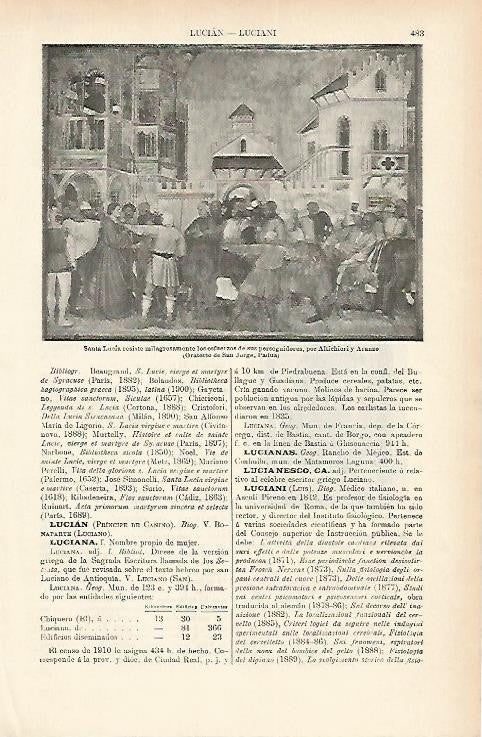 LAMINA ESPASA 1828: Santa Lucia obra de Altichieri y Aranzo