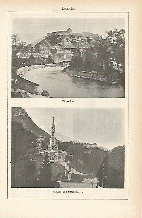 LAMINA ESPASA 1857: Castillo y Basilica de Lourdes