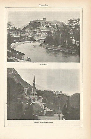 LAMINA ESPASA 1857: Castillo y Basilica de Lourdes