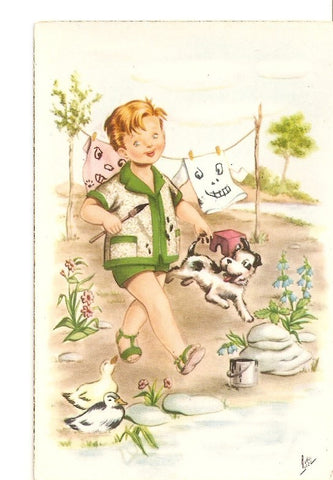 Postal 036398 : Dibujo. Chico con un pincel y su perro