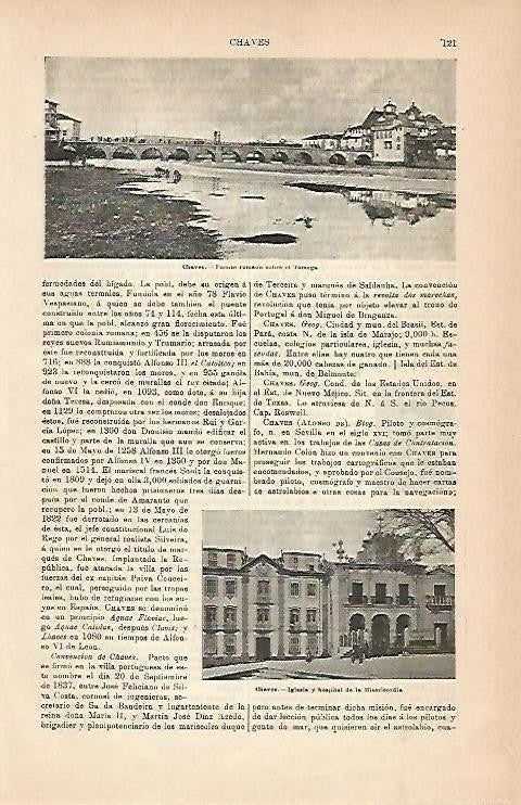 LAMINA ESPASA 1915: Puente romano e iglesia de Chaves La Coruña
