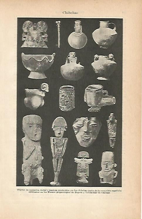 LAMINA ESPASA 1934: Objetos de la cultura Chibchas Colombia
