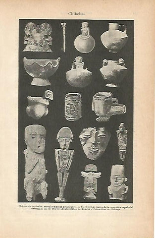 LAMINA ESPASA 1934: Objetos de la cultura Chibchas Colombia