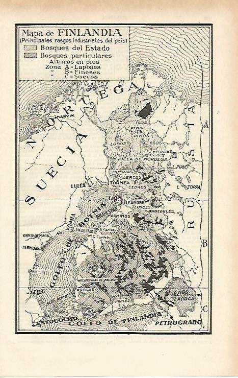LAMINA ESPASA 2531: Mapa de las zonas industriales de Finlandia