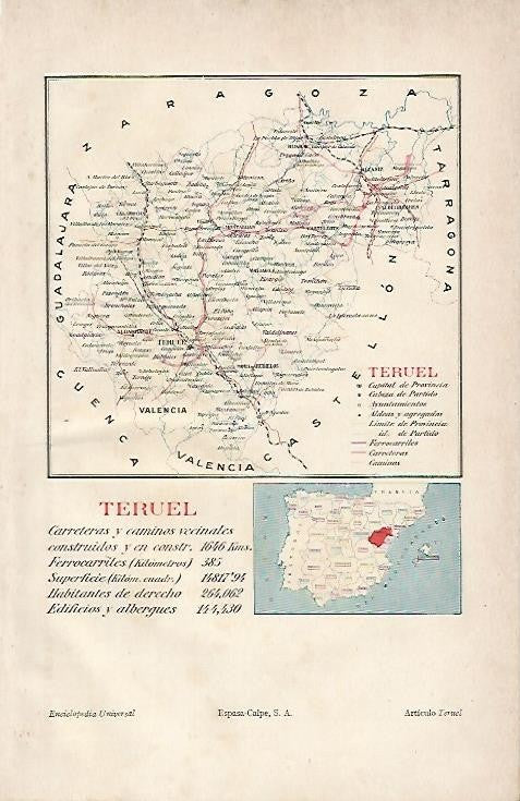 LAMINA ESPASA 2785: Mapa de la provincia de Teruel