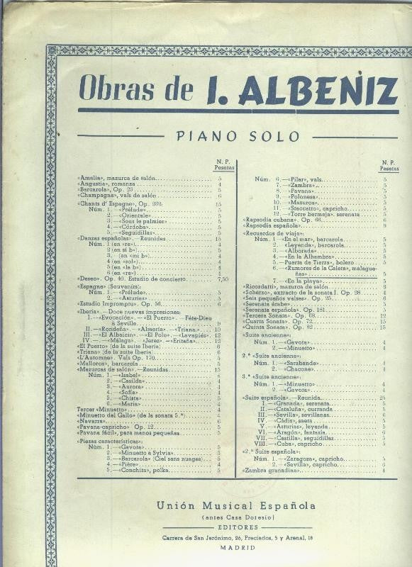 Obras de I,Albeniz: Recuerdos de viaje numero 6: rumores de la caleta