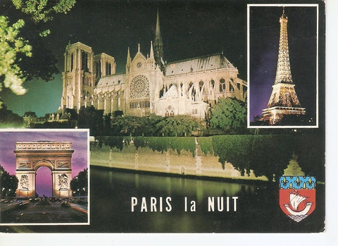 Postal 045962 : Paris la nuit. Notre-Dame et la Seine. LArc de Triomphe. La Tour Eiffel