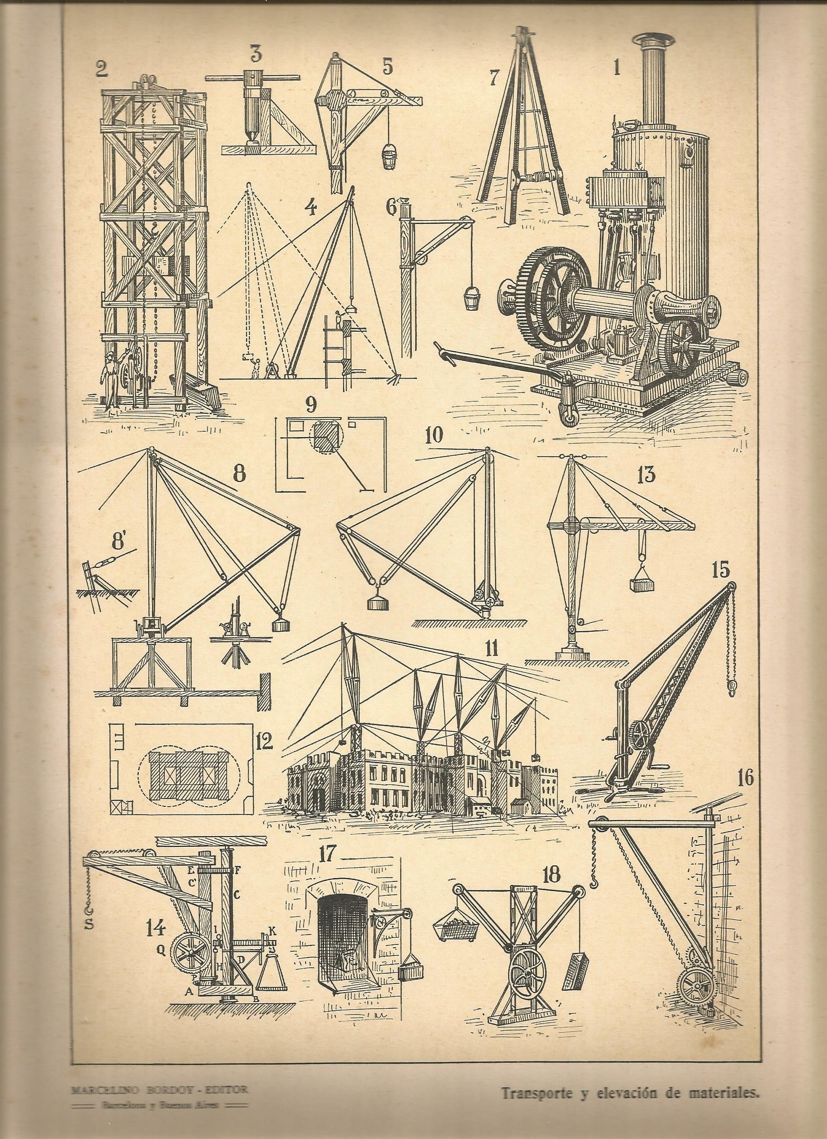 Lamina 035: Tratado de arquitectura de Sugrañes - Transporte y elevacion de materiales