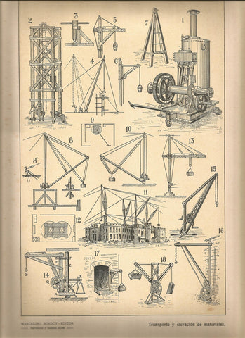 Lamina 035: Tratado de arquitectura de Sugrañes - Transporte y elevacion de materiales