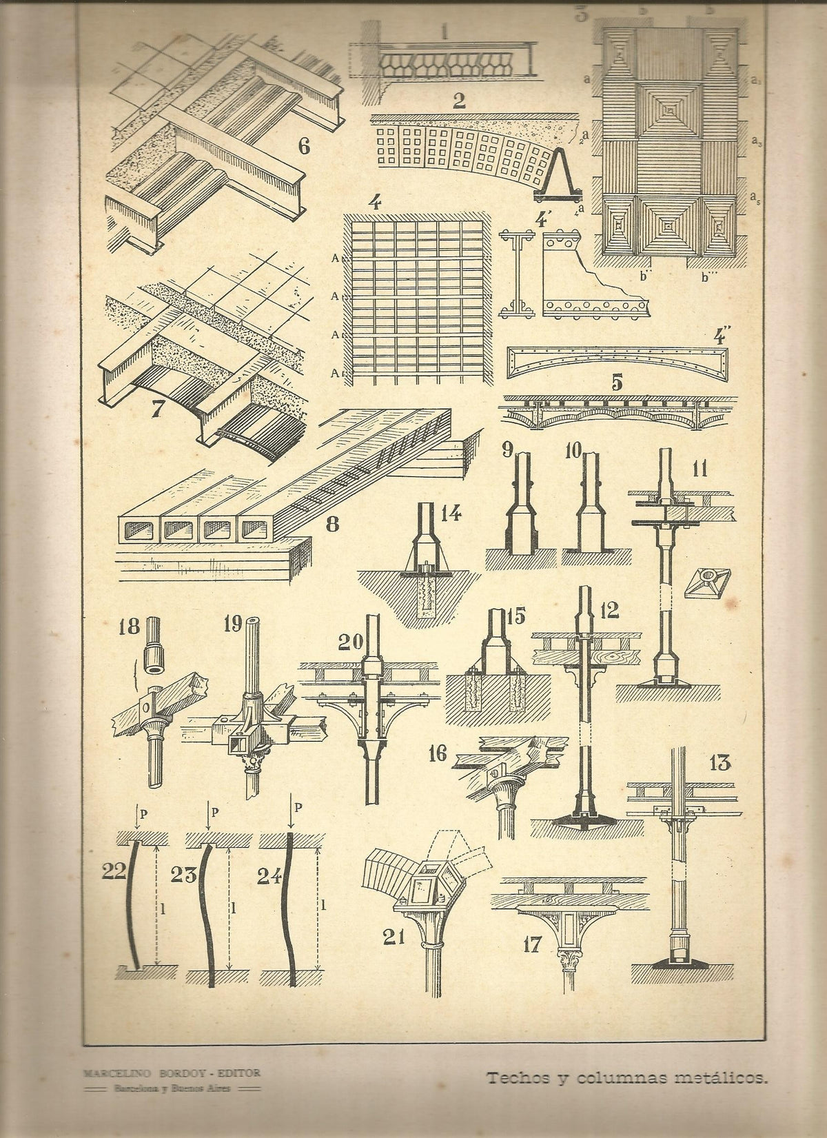Lamina 102: Tratado de arquitectura de Sugrañes - Techos y columnas metalicos