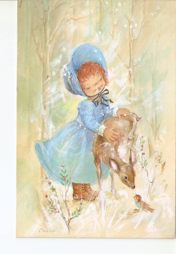 Postal 022855 : Dibujo niña junto a ciervo