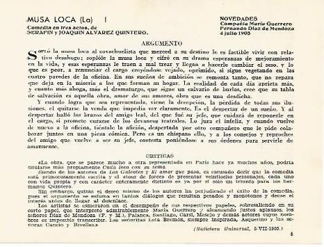 LAMINA 2464: Argumento de La Musa Loca represesntada en el Novedades el 4 de julio de 1905