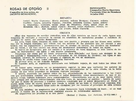 LAMINA 2467: Reparto y critica de Rosas de Otoño representada en el Novedades el 14 de julio de 1905