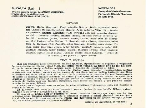 LAMINA 2468: Reparto y critica de La Miralta representada en el Novedades el 26 de julio de 1905
