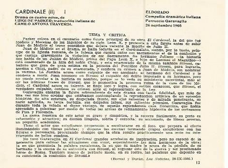 LAMINA 2473: Tema y critica de Cardinale. El Dorado 26 septiembre de 1905