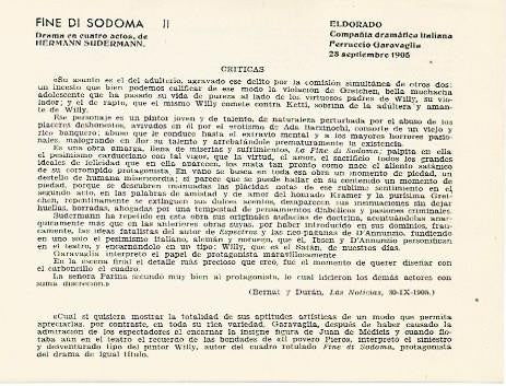 LAMINA 2477: Criticas de Fine di Sodoma. El Dorado 28 septiembre de 1905
