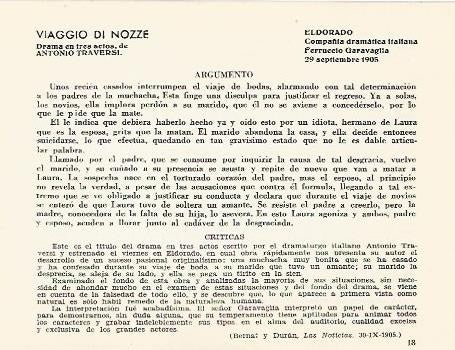 LAMINA 2478: Argumento y criticas de Viaggio di Nozze. El Dorado 29 septiembre de 1905
