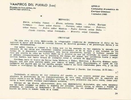 LAMINA 2479: Reparto y criticas de Los Vampiros del Pueblo. Apolo 4 octubre de 1905