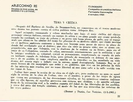LAMINA 2482: Tema y critica de Arlecchino Re. El Dorado 6 octubre de 1905