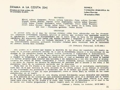 LAMINA 2485: Reparto y criticas de Un Drama a la Costa. Romea 10 octubre 1905