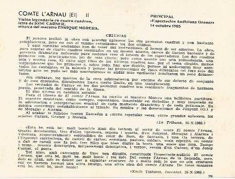 LAMINA 2489: Criticas de El Comte d Arnau. Principal 14 octubre 1905